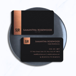 Elegant Black Leather & Brushed Copper Monogram   Business Card
