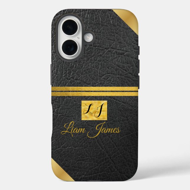 Elegant black leather gold monogram custom name Case-Mate iPhone case (Back)