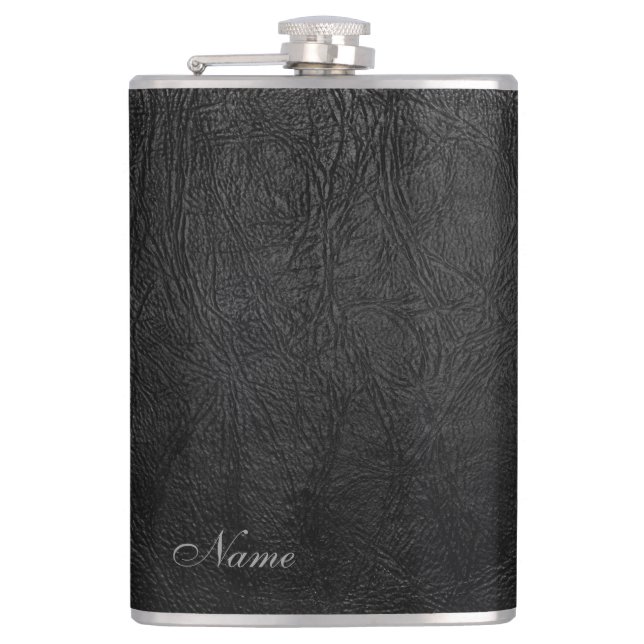 Elegant black leather look  personalised hip flask (Front)