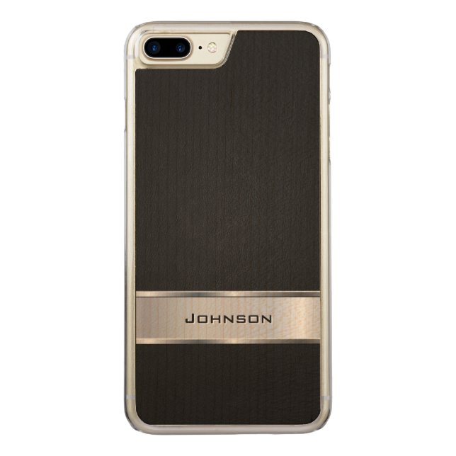 Elegant Black Leather Look with Silver Metal Label Carved Wood iPhone Case (Back)