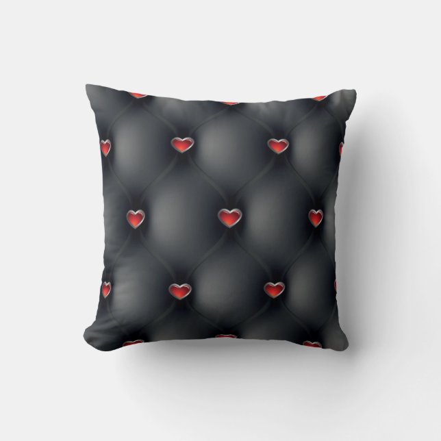 Elegant Black Leather Red Hearts Pattern Cushion (Front)