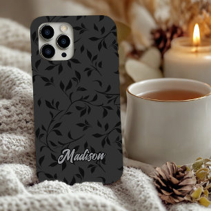 Elegant black leaves grey monogram iPhone 16 case