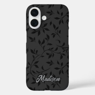 Elegant black leaves grey monogram  iPhone 16 case