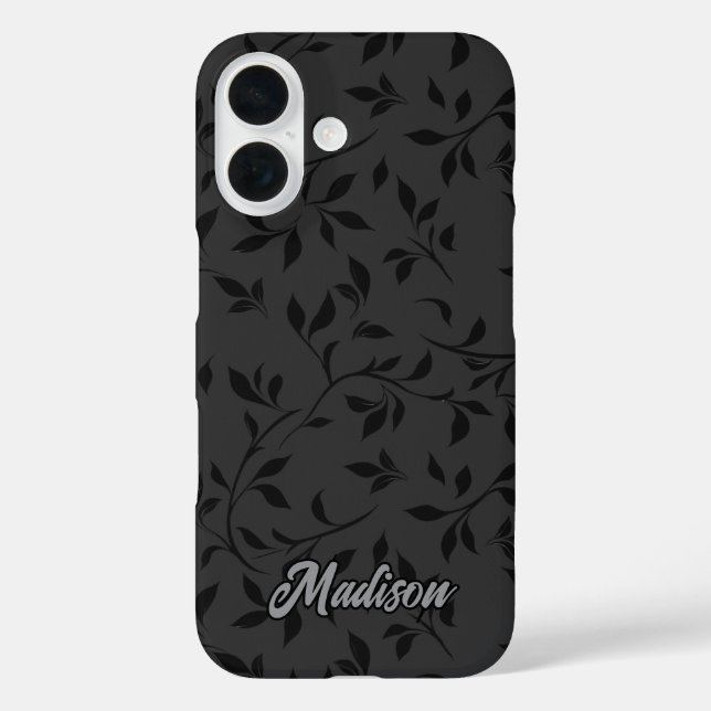 Elegant black leaves grey monogram  Case-Mate iPhone case (Back)