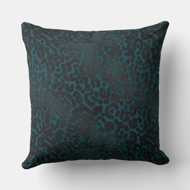 Elegant Black Leopard Animal Print on Teal Cushion (Back)