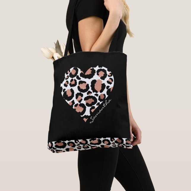 Elegant Black Leopard Heart Tote Bag (Close Up)