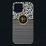 Elegant Black Leopard Monogram Laptop Sleeve iPhone 12 Pro Case<br><div class="desc">A black and white leopard pattern with a black and white striped and a gold and black elegant monogram decorates this iphone case. Personalise it for yourself or for a gift! Designed for you by Blackberry Boulevard.</div>