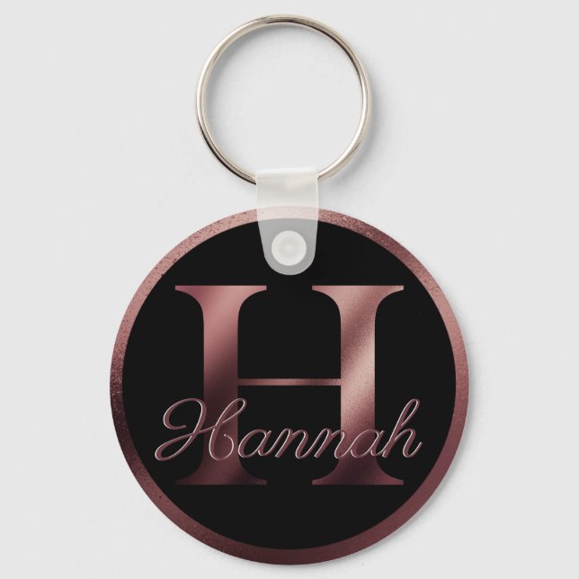 Elegant Black Letter H Rose Gold Metallic Monogram Key Ring (Front)
