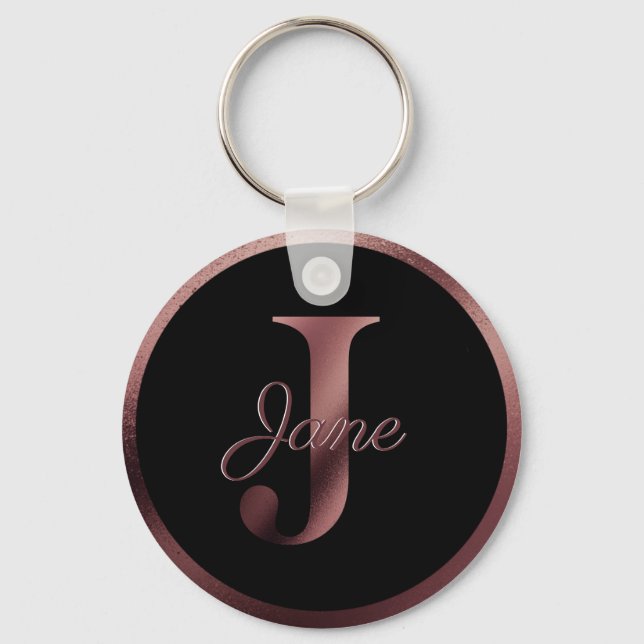 Elegant Black Letter J Rose Gold Metallic Monogram Key Ring (Front)