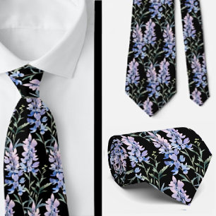 Elegant Black Light Blue Wildflowers Neck Tie