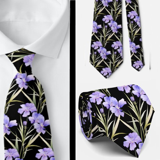 Elegant Black Light Blue Wildflowers Neck Tie (Creator Uploaded)