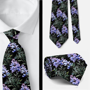 Elegant Black Light Blue Wildflowers Neck Tie