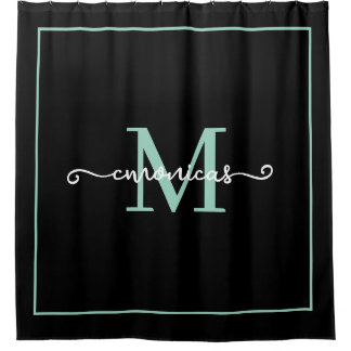 Elegant Black &Light Teal Personalised monogram Shower Curtain