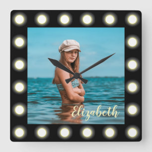 Elegant black lights bulbs photo frame with name  square wall clock
