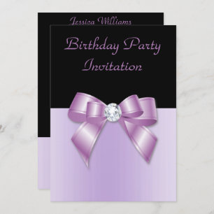 Elegant Black & Lilac Diamond Bow Birthday Invitation