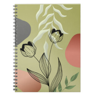 Elegant Black Line Art Tulips on Green Gradient Notebook