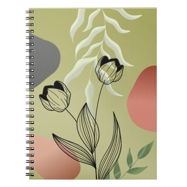 Elegant Black Line Art Tulips on Green Gradient Notebook (Front)