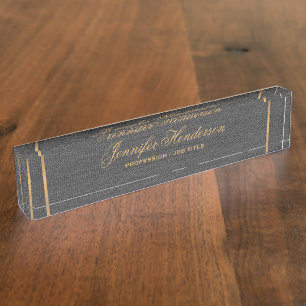 Elegant Black Linen Fabric Gold Frame Professional Nameplate