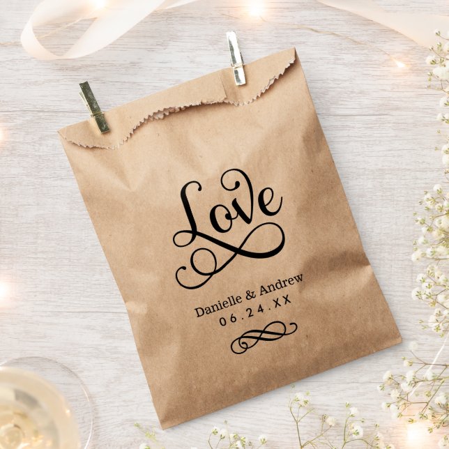 Elegant Black Love Script Monogram Wedding Favour Bags (Clipped)