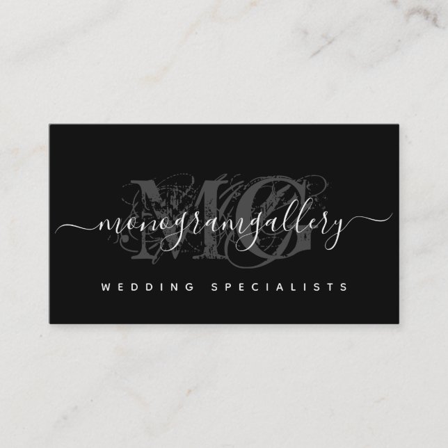 Elegant Black Luxe Glam Script Monogram Business Card (Front)