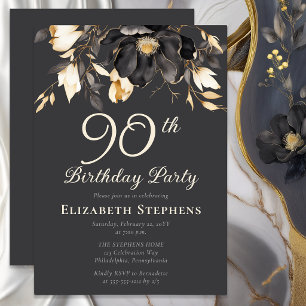 Elegant Black Magnolia Floral 90th Birthday Party  Invitation