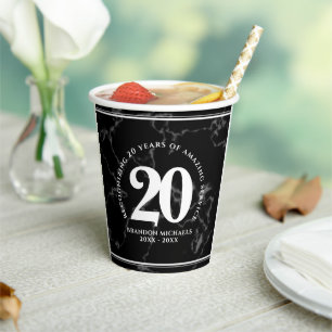 Elegant Black Marble 20 Years Work Anniversary Paper Cups