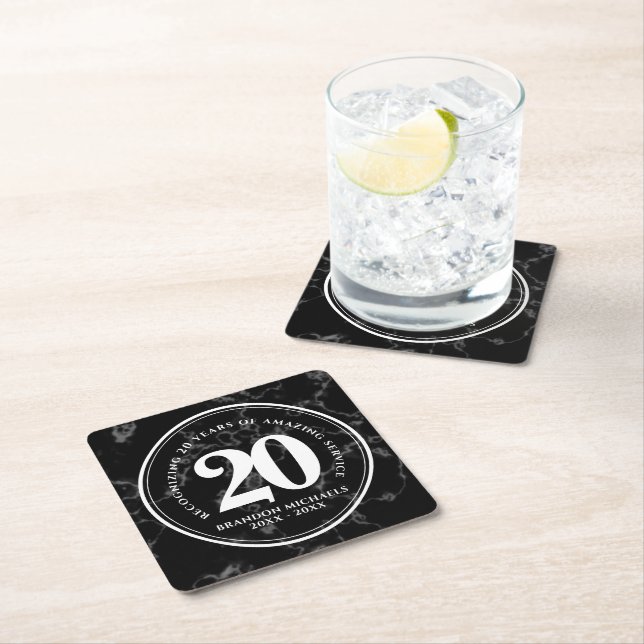 Elegant Black Marble 20 Years Work Anniversary Square Paper Coaster (Insitu)