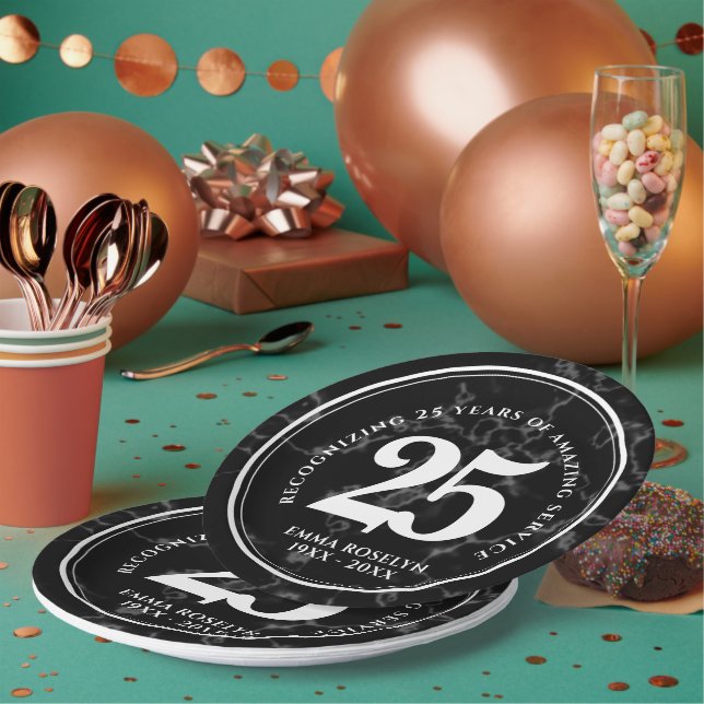 Elegant Black Marble 25 Years Work Anniversary Paper Plate (Multi)