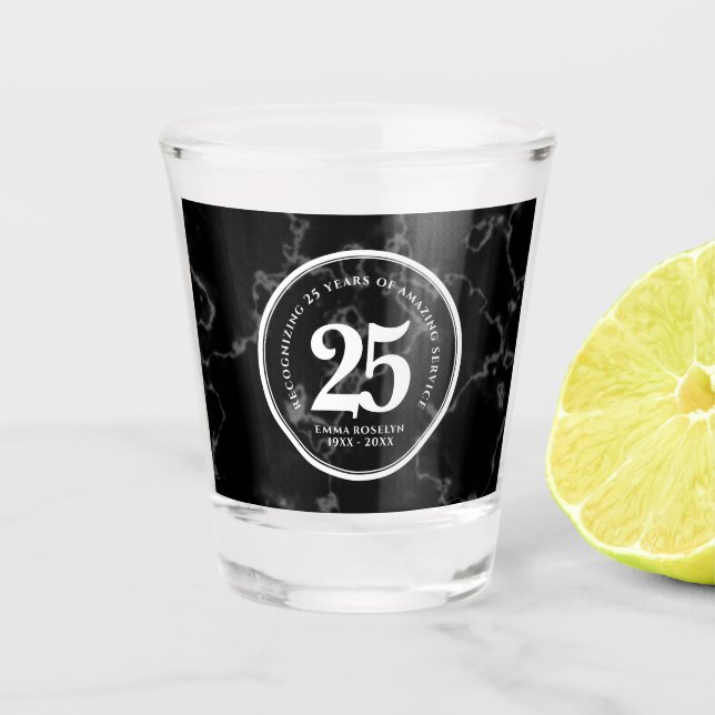 Elegant Black Marble 25 Years Work Anniversary Shot Glass (Front)