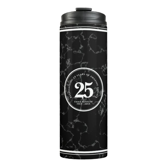 Elegant Black Marble 25 Years Work Anniversary Thermal Tumbler (Front)