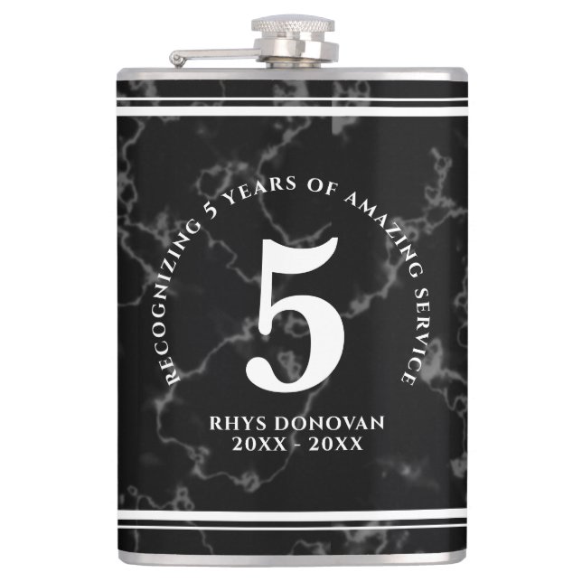 Elegant Black Marble 5 Years Work Anniversary Hip Flask (Front)