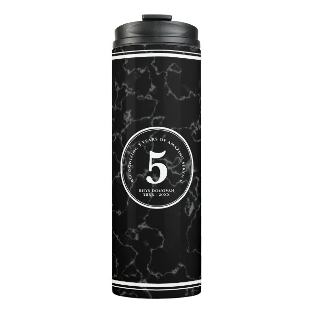 Elegant Black Marble 5 Years Work Anniversary Thermal Tumbler (Front)