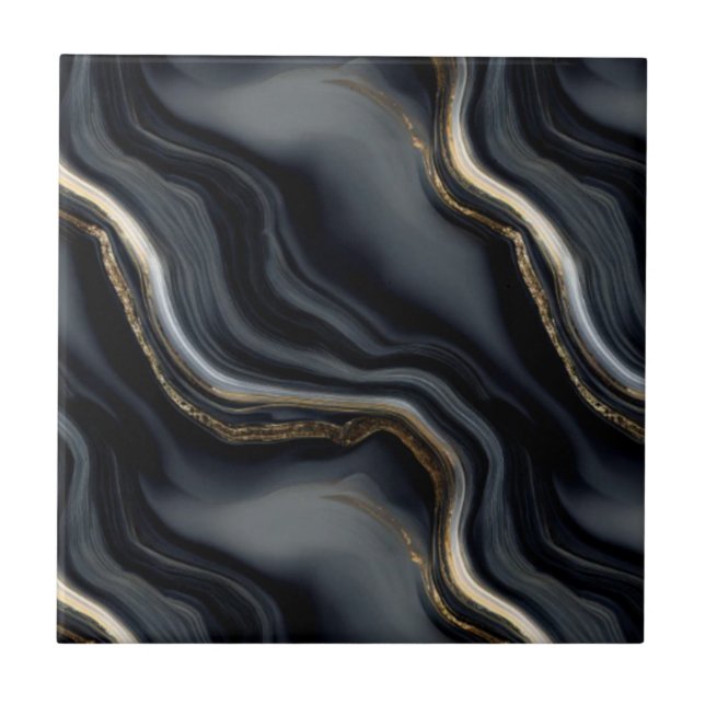 Elegant Black Marble and Gold Veins Abstract  Tile (Front)
