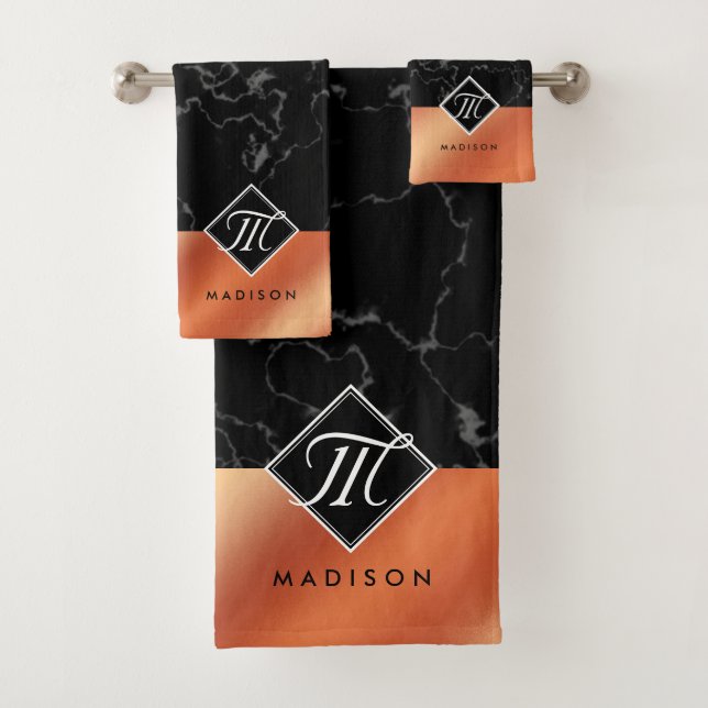 Elegant Black Marble & Bronze Foil Monogram Bath Towel Set (Insitu)