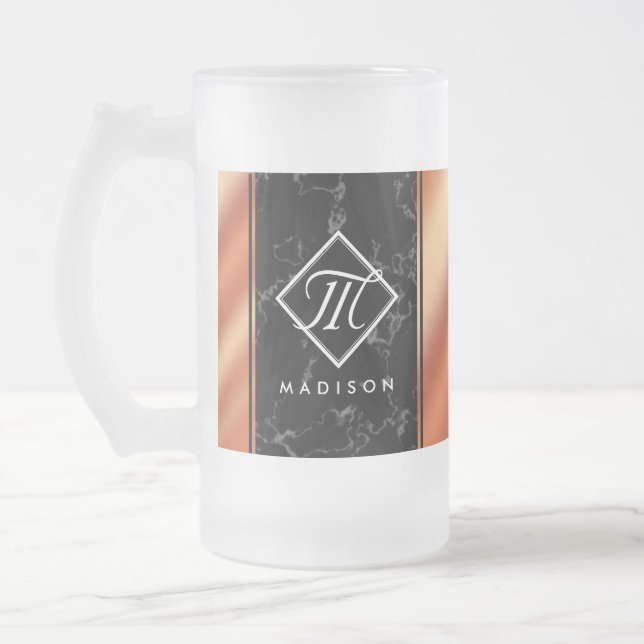 Elegant Black Marble & Bronze Foil Monogram Frosted Glass Beer Mug (Left)
