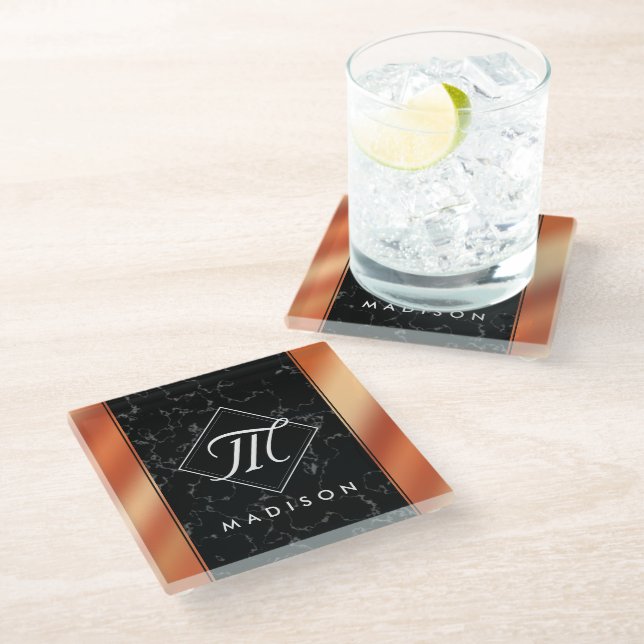 Elegant Black Marble & Bronze Foil Monogram Glass Coaster (Angled)