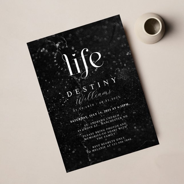 Elegant Black Marble Celebration of Life Funeral Invitation (Creator Uploaded)