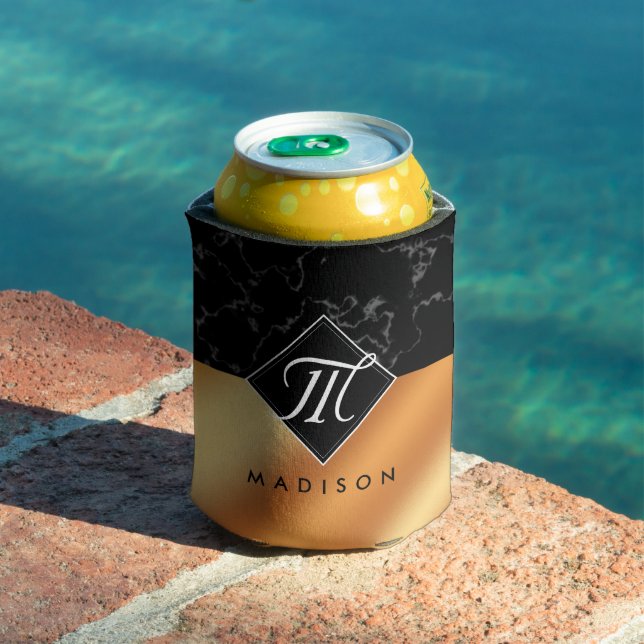 Elegant Black Marble & Copper Foil Monogram Can Cooler (In Situ Pool)