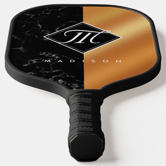 Elegant Black Marble & Copper Foil Script Monogram Pickleball Paddle (Laydown)