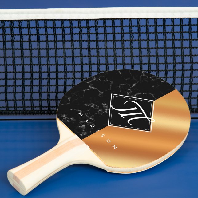 Elegant Black Marble & Copper Foil Script Monogram Ping Pong Paddle (Insitu)