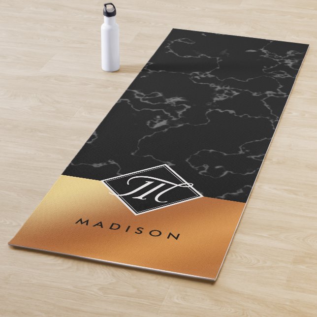 Elegant Black Marble & Copper Foil Script Monogram Yoga Mat (In Situ)