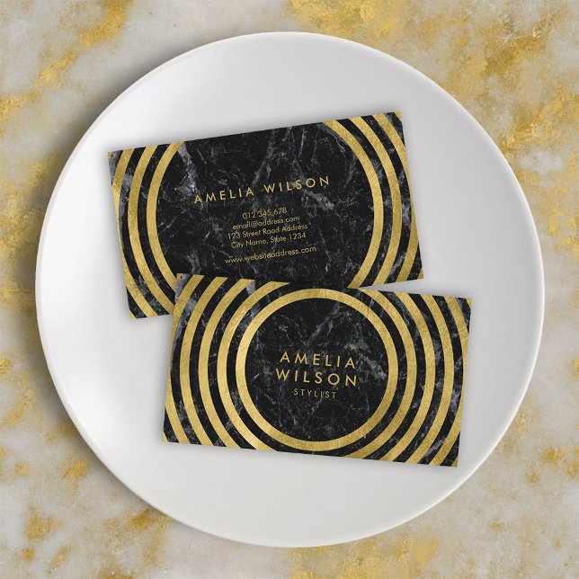 Elegant Black Marble Faux Gold Round Lines Business Card (Creator Uploaded)