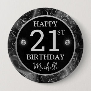 Elegant Black Marble Glitter Silver Birthday 10 Cm Round Badge