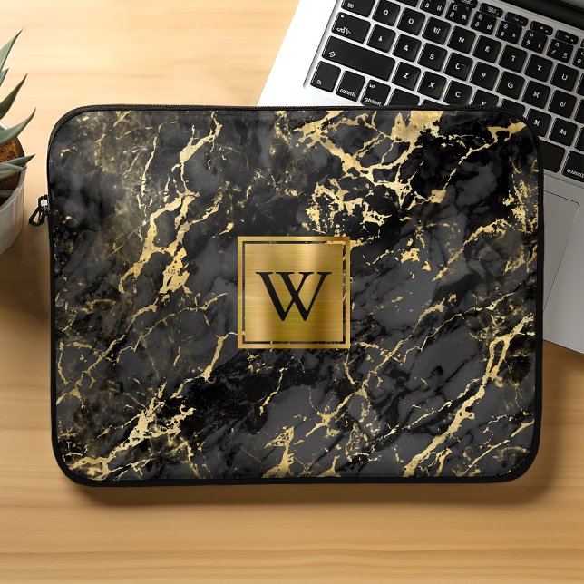 Elegant Black Marble Gold Brushed Metal Monogram Laptop Sleeve (Creator Uploaded)