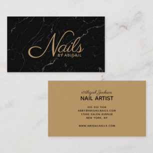 Elegant Black Marble Gold Nails By "Name" Business Business Card