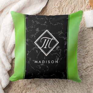 Elegant Black Marble & Lime Green Foil Monogram Cushion