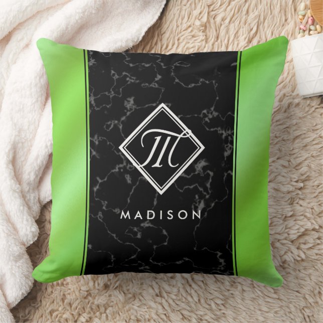 Elegant Black Marble & Lime Green Foil Monogram Cushion (Blanket)