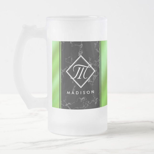 Elegant Black Marble & Lime Green Foil Monogram Frosted Glass Beer Mug (Left)