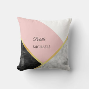 Elegant Black Marble Pink Colour Block With Name Cushion