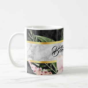 Elegant Black Marble Pink Floral With Name Coffee Mug